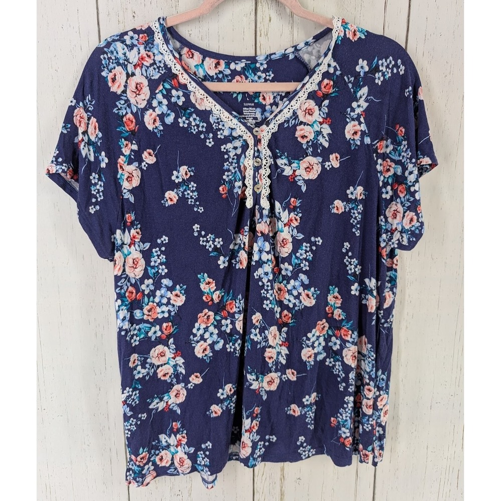 Croft Barrow Size Large Womens Blue Multicolor Floral Print Sleepwear Top